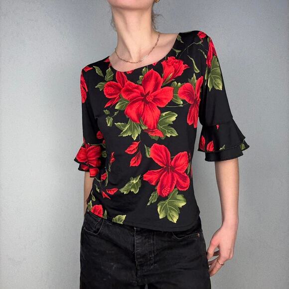 Black floral print ruffle sleeve red flowered boho work - Picture 6 of 8